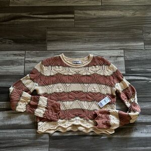 Striped crochet Knit Sweater in Cream and Brown